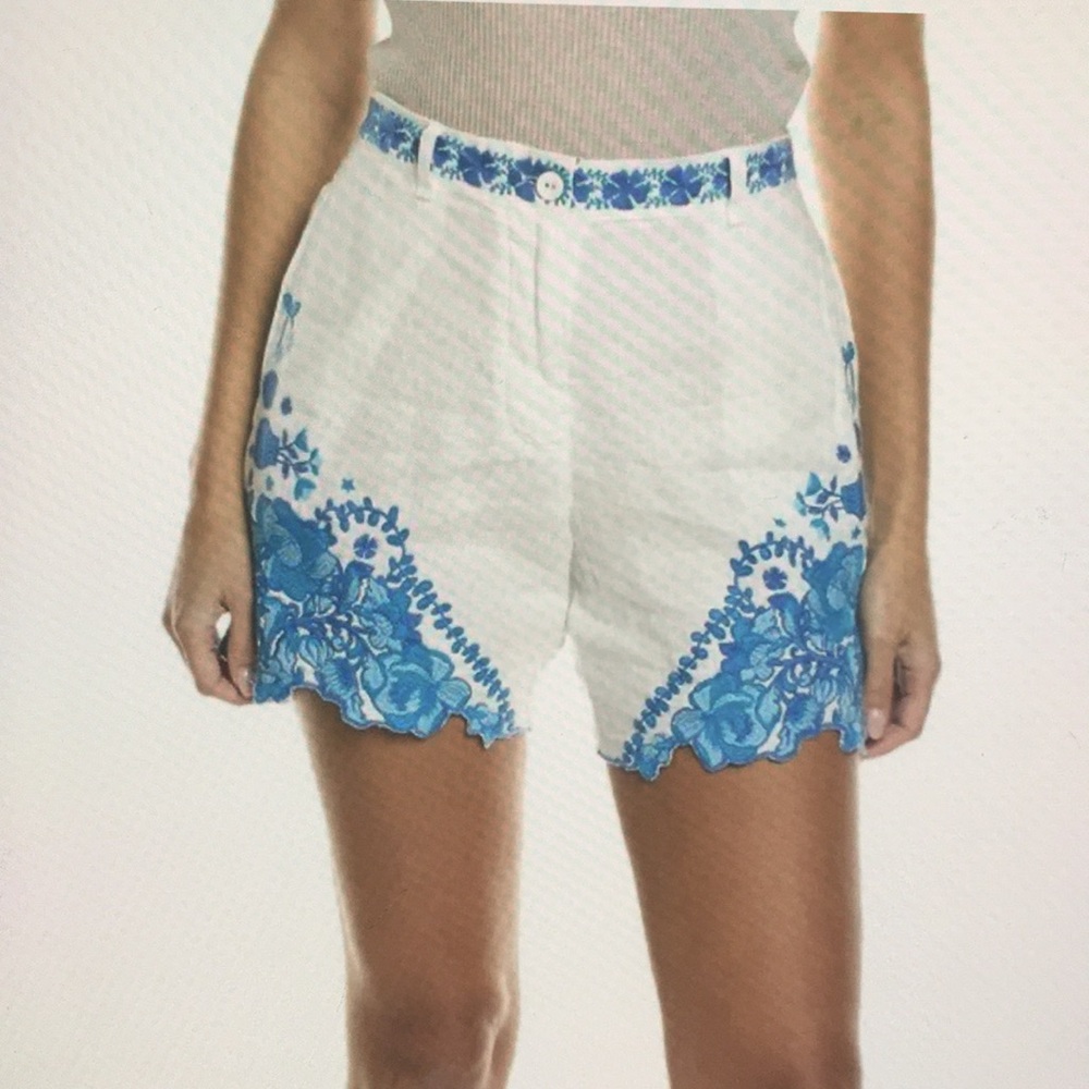 New Johnny Was Tai Linen Jade White and Blue Shorts with Ornate Design